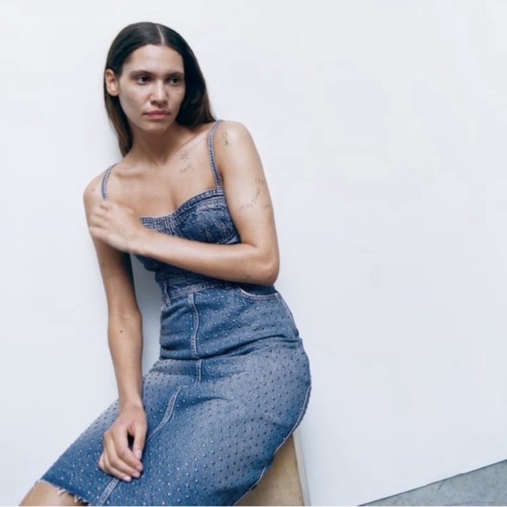 Zara denim bodice studded midi dress USA small - Picture 2 of 12